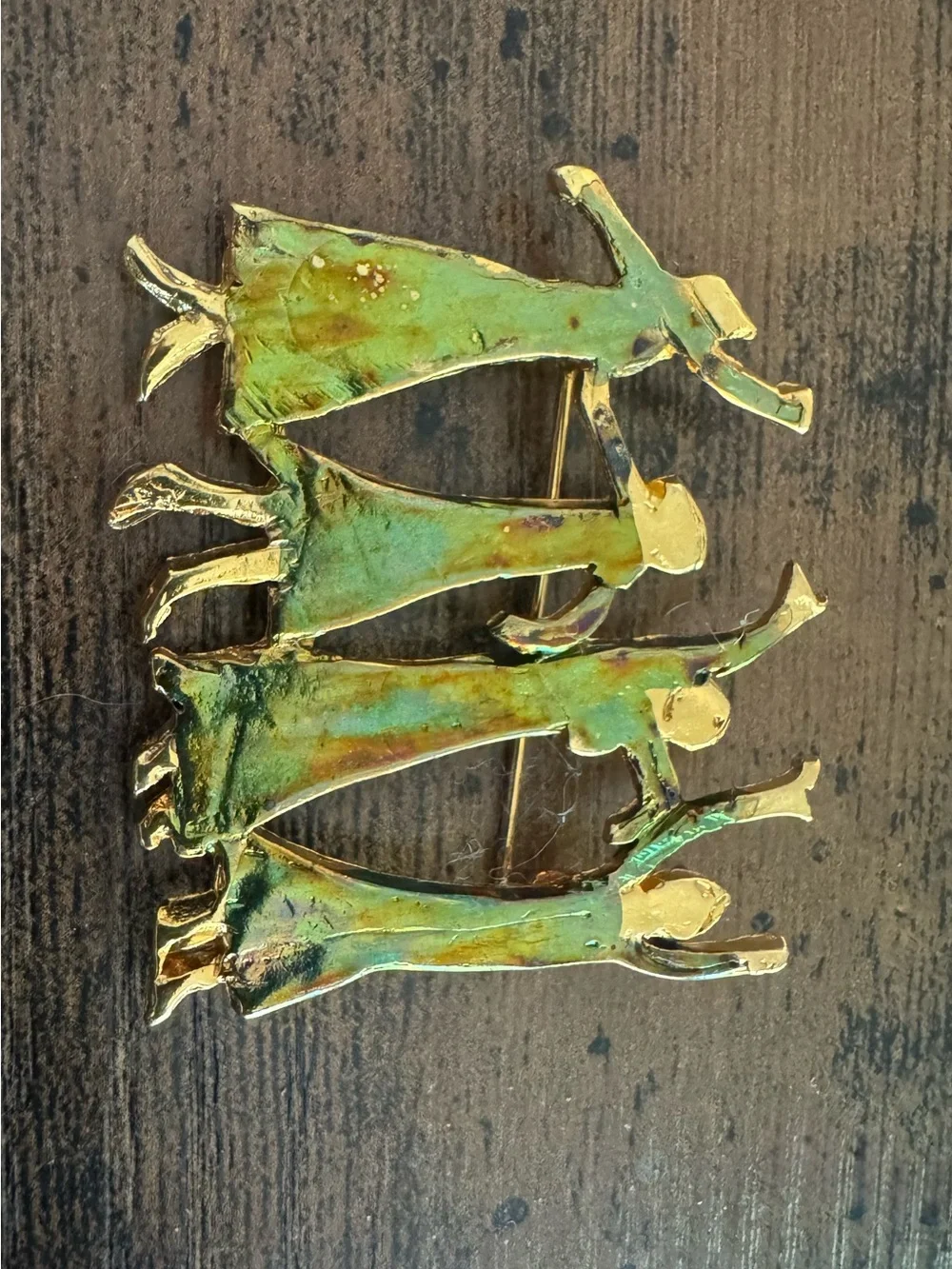 VTG Green and Gold Dancing Women Brooch Elegant Figural Modernist Pin Unsigned